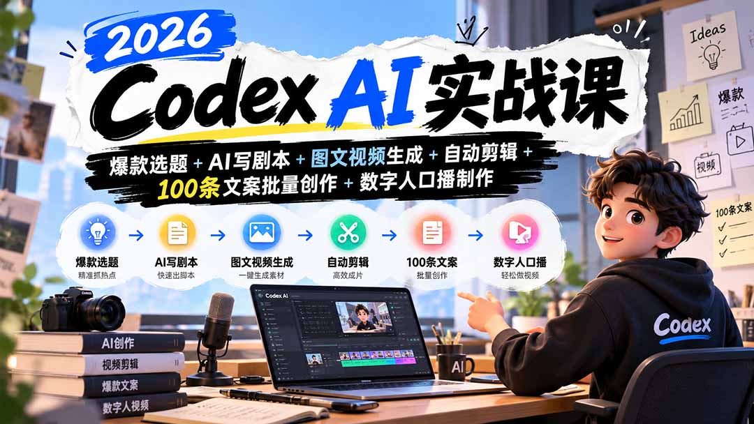 （20899期）2026Codex AI实战课：爆款选题+AI写剧本+图文视频生成+自动剪辑+100条文案批量创作+数字人口播制作-九节课