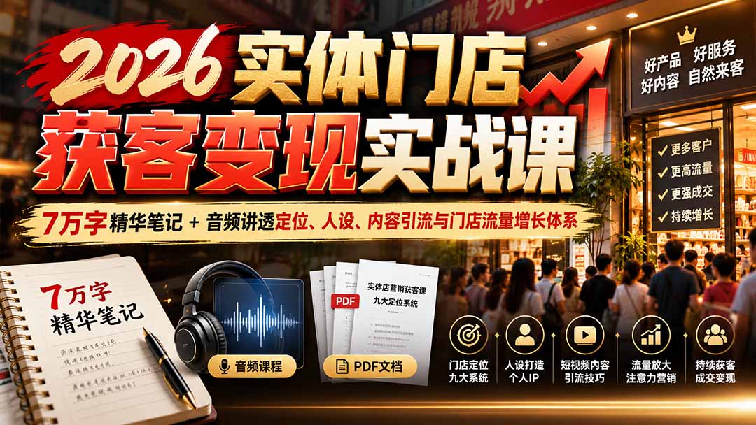 （20832期）2026实体门店获客变现实战课：7万字精华笔记+音频讲透定位、人设、内容引流与门店流量增长体系-九节课