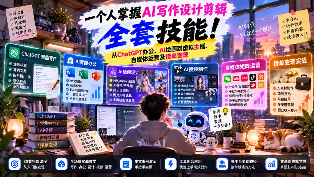（21029期）一个人掌握AI写作设计剪辑全套技能：从ChatGPT办公、AI绘画到虚拟主播、自媒体运营及接单变现-九节课