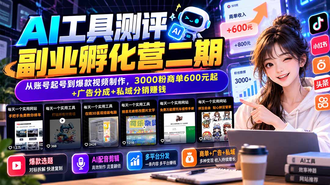 （20799期）AI工具测评副业孵化营二期：从账号起号到爆款视频制作，3000粉商单600元起+广告分成+私域分销赚钱-九节课
