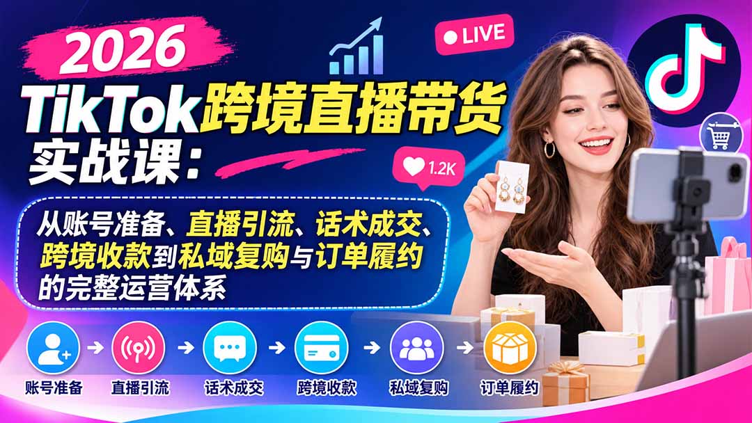 （20898期）2026TikTok跨境直播带货实战课：从账号准备、直播引流、话术成交、跨境收款到私域复购与订单履约的完整运营体系-九节课