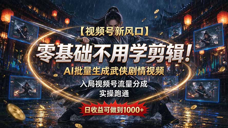 （20780期）【视频号新风口】零基础不用学剪辑！AI 批量生成武侠剧情视频，入局视频号流量分成，实操跑通，日收益可做到 1000+-九节课