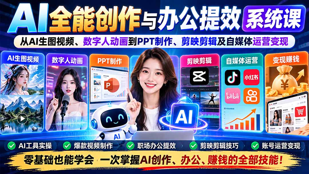（20885期）AI全能创作与办公提效系统课：从AI生图视频、数字人动画到PPT制作、剪映剪辑及自媒体运营变现-九节课