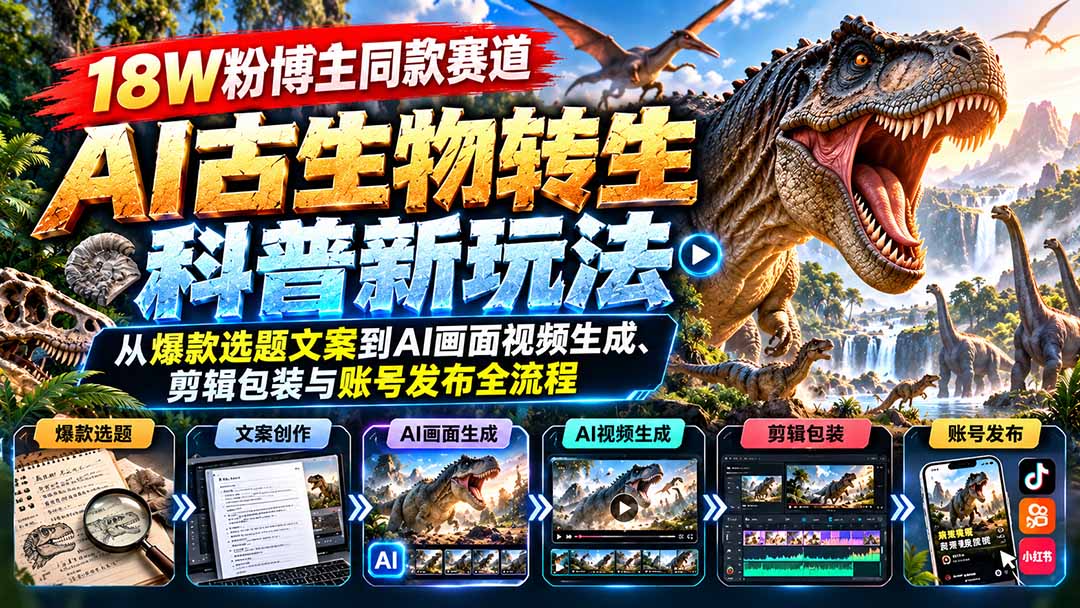 （20833期）18W粉博主同款赛道-AI古生物转生科普新玩法：从爆款选题文案到AI画面视频生成、剪辑包装与账号发布全流程-九节课