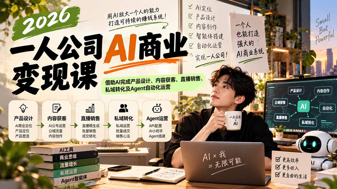 （20901期）2026一人公司AI商业变现课：借助AI完成产品设计、内容获客、直播销售、私域转化及Agent自动化运营-九节课