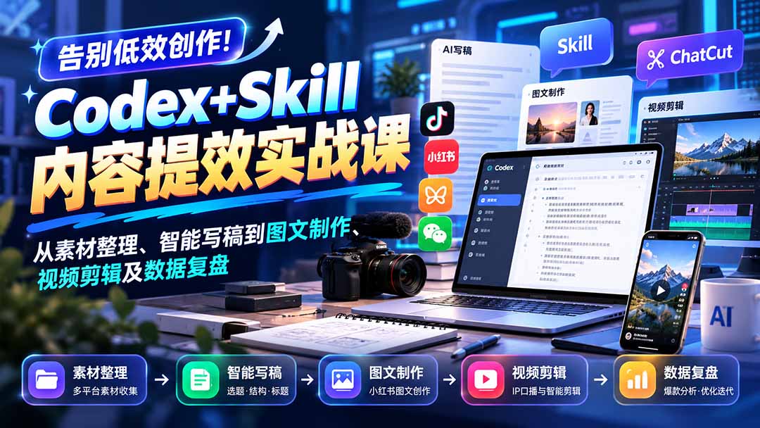 （20915期）【无水印】告别低效创作！Codex+Skill内容提效实战课：从素材整理、智能写稿到图文制作、视频剪辑及数据复盘-九节课