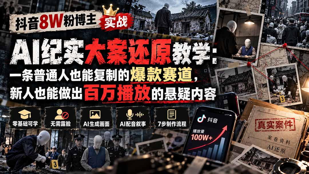 （20865期）抖音8W粉博主AI纪实大案还原教学：一条普通人也能复制的爆款赛道，新人也能做出百万播放的悬疑内容-九节课