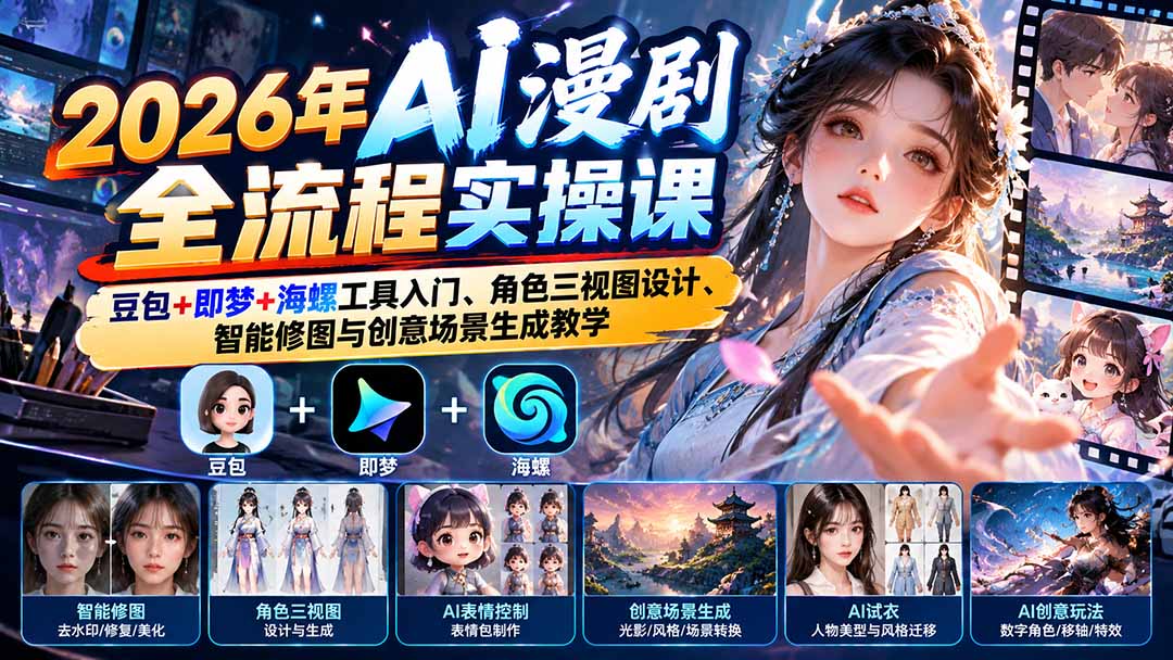 （21077期）2026年AI漫剧全流程实操课：豆包+即梦+海螺工具入门、角色三视图设计、智能修图与创意场景生成教学-九节课