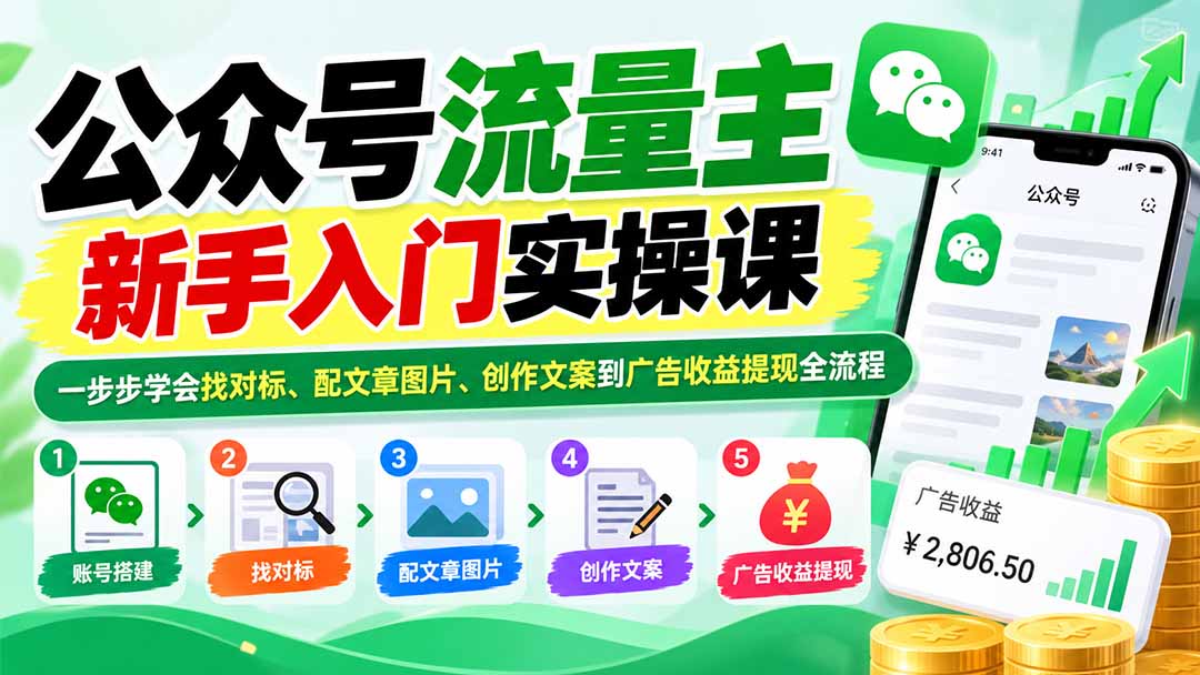 （20816期）公众号流量主新手入门实操课：一步步学会找对标、配文章图片、创作文案到广告收益提现全流程-九节课