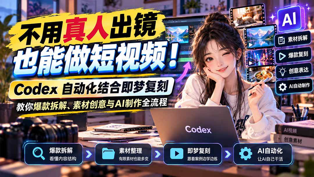 （20988期）不用真人出镜也能做短视频！Codex自动化结合即梦复刻，教你爆款拆解、素材创意与AI制作全流程-九节课