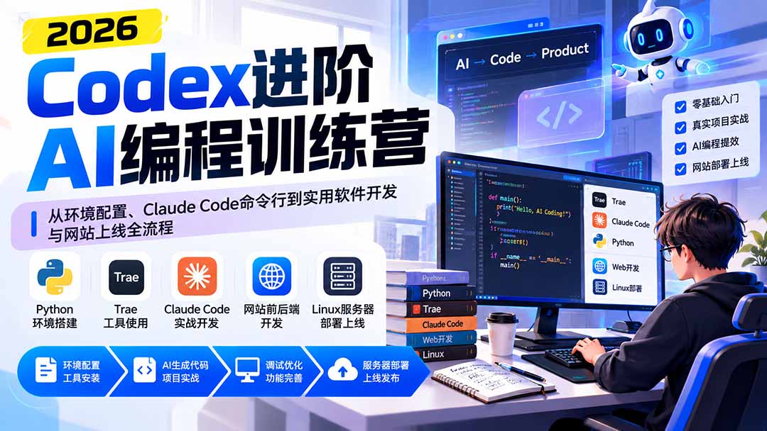 （20855期）Codex进阶AI编程训练营：从环境配置、Claude Code命令行到实用软件开发与网站上线全流程-九节课