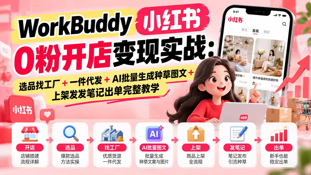（20801期）WorkBuddy小红书0粉开店变现实战：选品找工厂+一件代发+AI批量生成种草图文+上架发发笔记出单完整教学-九节课