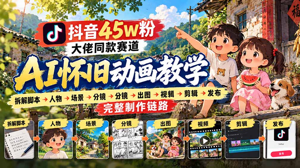 （20781期）抖音45W粉大佬同款赛道AI怀旧动画教学：拆解脚本→人物→场景→分镜→出图→视频→剪辑→发布完整制作链路-九节课