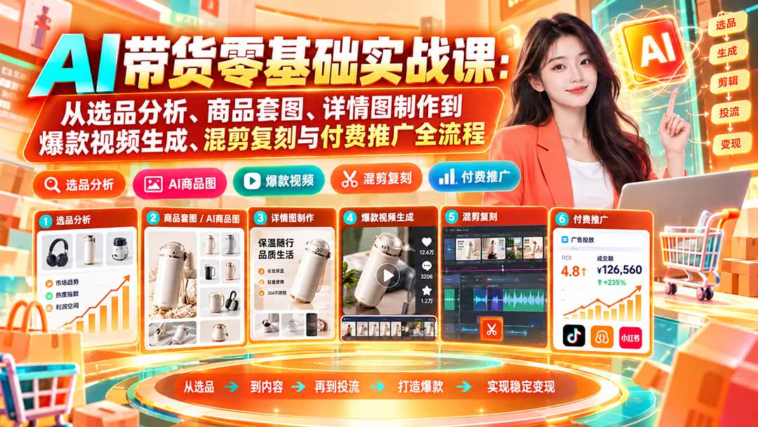（20856期）AI带货零基础实战课：从选品分析、商品套图、详情图制作到爆款视频生成、混剪复刻与付费推广全流程-九节课