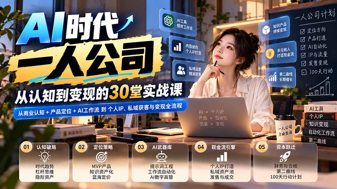 （20847期）【无水印】AI时代一人公司30堂实战课：从商业认知+产品定位+AI工作流到个人IP、私域获客与变现全流程-九节课