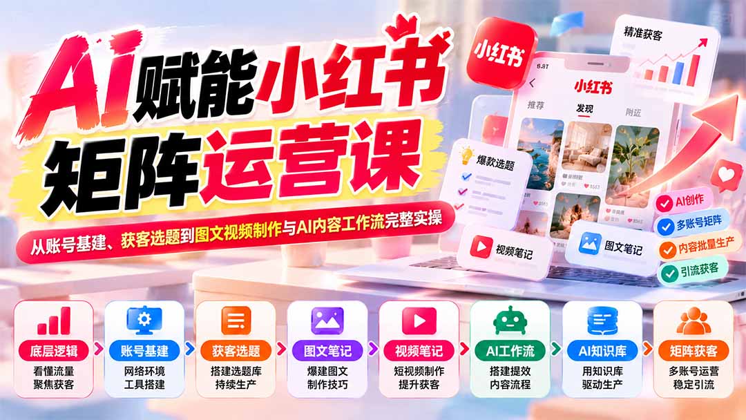 （20822期）AI赋能小红书矩阵运营课：从账号基建、获客选题到图文视频制作与AI内容工作流完整实操-九节课