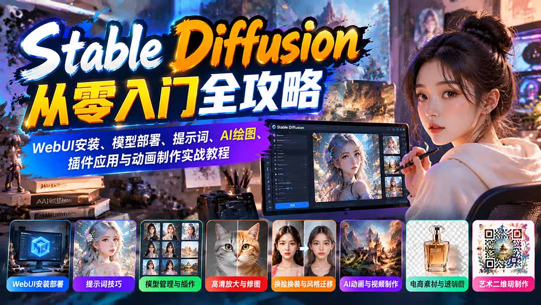 （21062期）Stable Diffusion从零入门全攻略：WebUI安装、模型部署、提示词、AI绘图、插件应用与动画制作实战教程-九节课