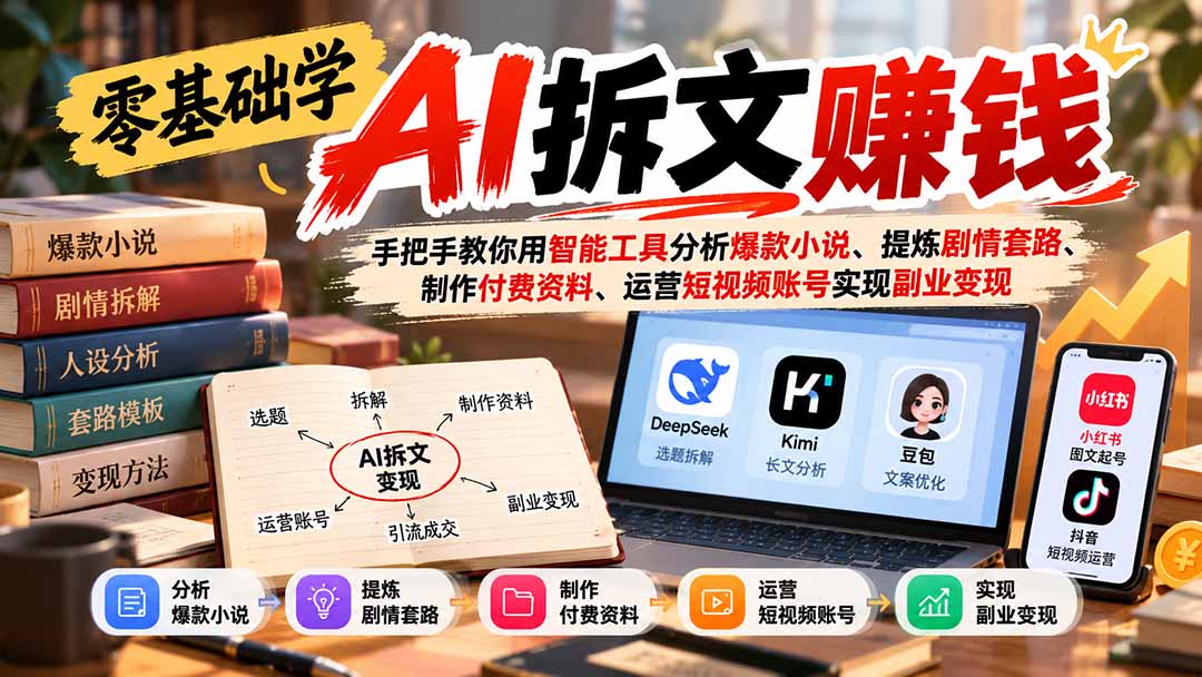 （21030期）零基础学AI拆文赚钱：手把手教你用智能工具分析爆款小说、提炼剧情套路、制作付费资料、运营短视频账号实现副业变现-九节课