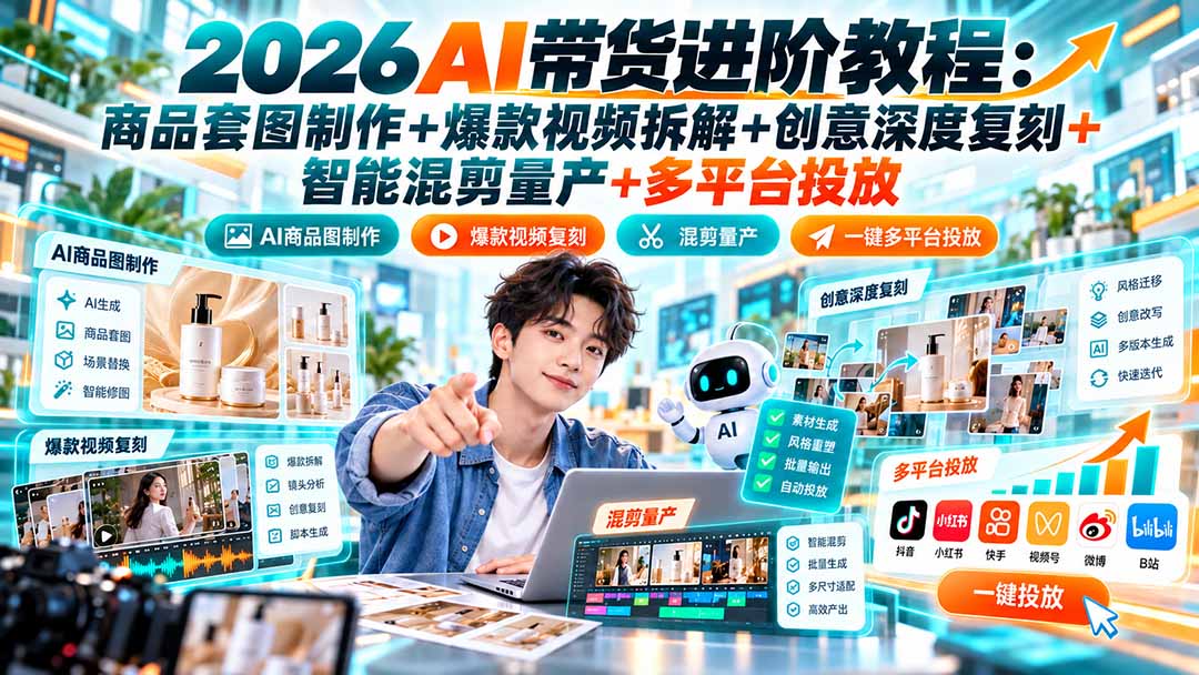 （20857期）2026AI带货进阶教程：商品套图制作+爆款视频拆解+创意深度复刻+智能混剪量产+多平台投放-九节课