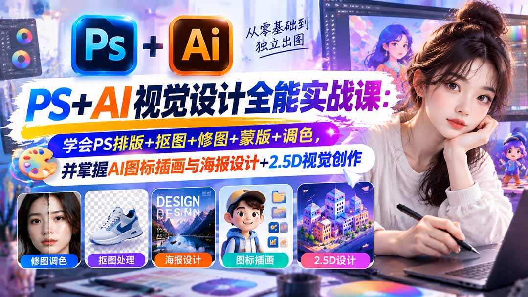 （20749期）【无水印】PS+AI视觉设计全能实战课：学会PS排版+抠图+修图+蒙版+调色，并掌握AI图标插画与海报设计+2.5D视觉创作-九节课