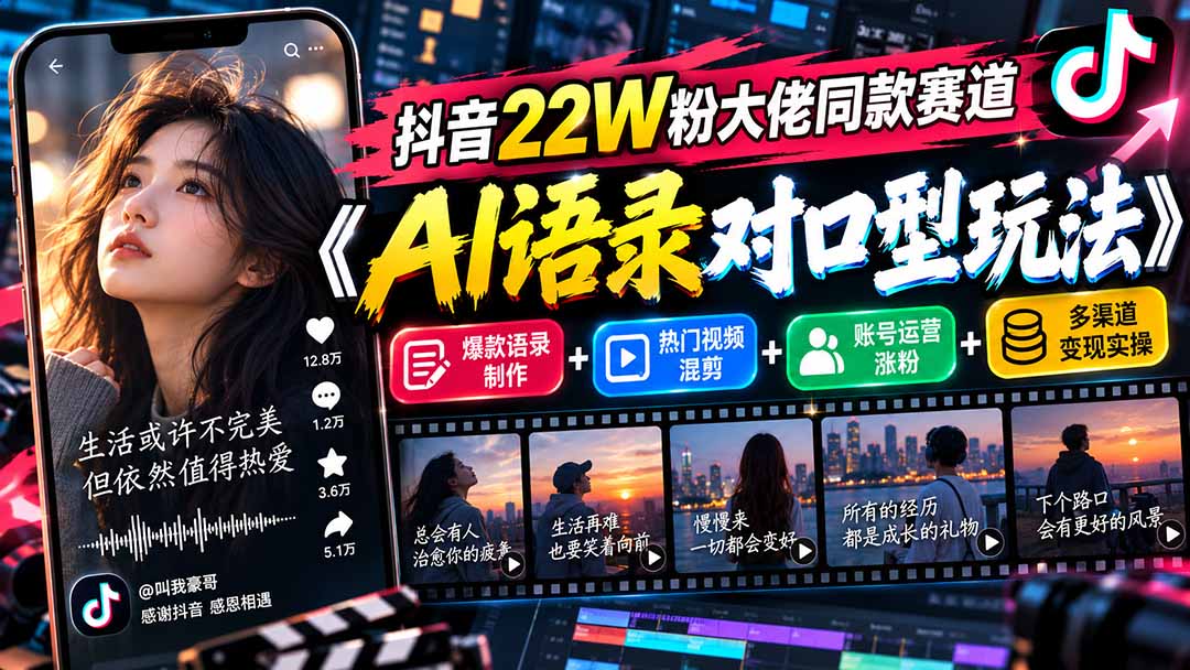 （20990期）抖音22W粉大佬同款赛道《AI语录对口型玩法》：爆款语录制作+热门视频混剪+账号运营涨粉+多渠道变现实操-九节课