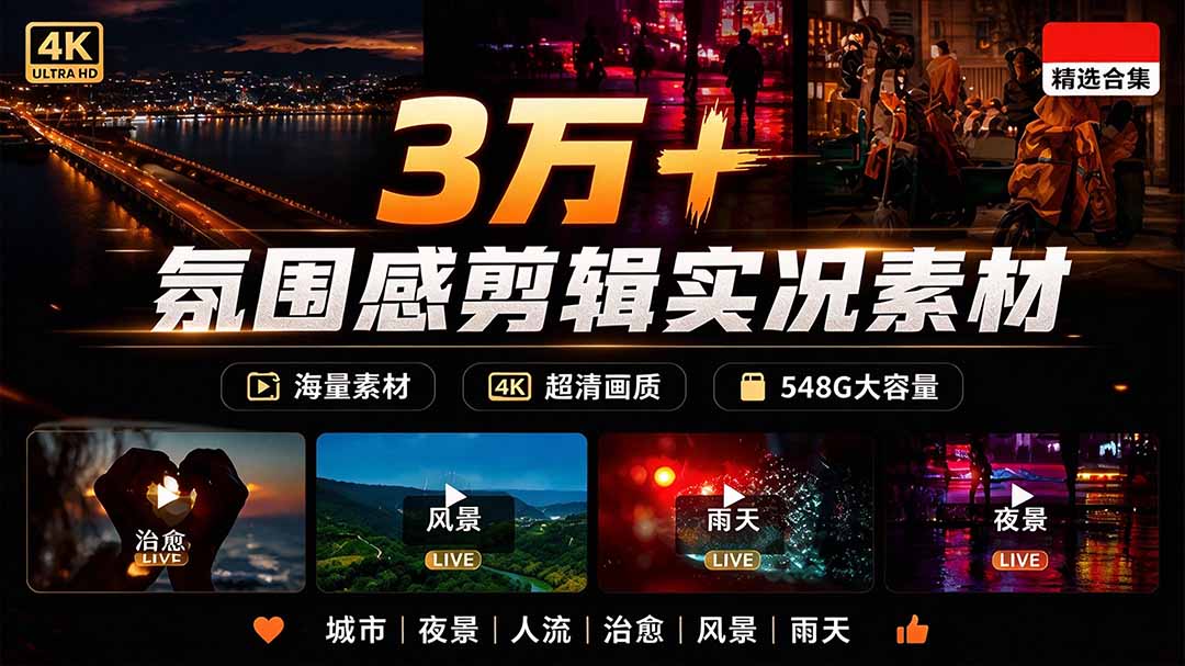 （21009期）氛围感3万+海量高清剪辑实况素材，含雨天、雪天、夜景、街道等经典场景，伤感唯美励志短视频无水印素材-九节课