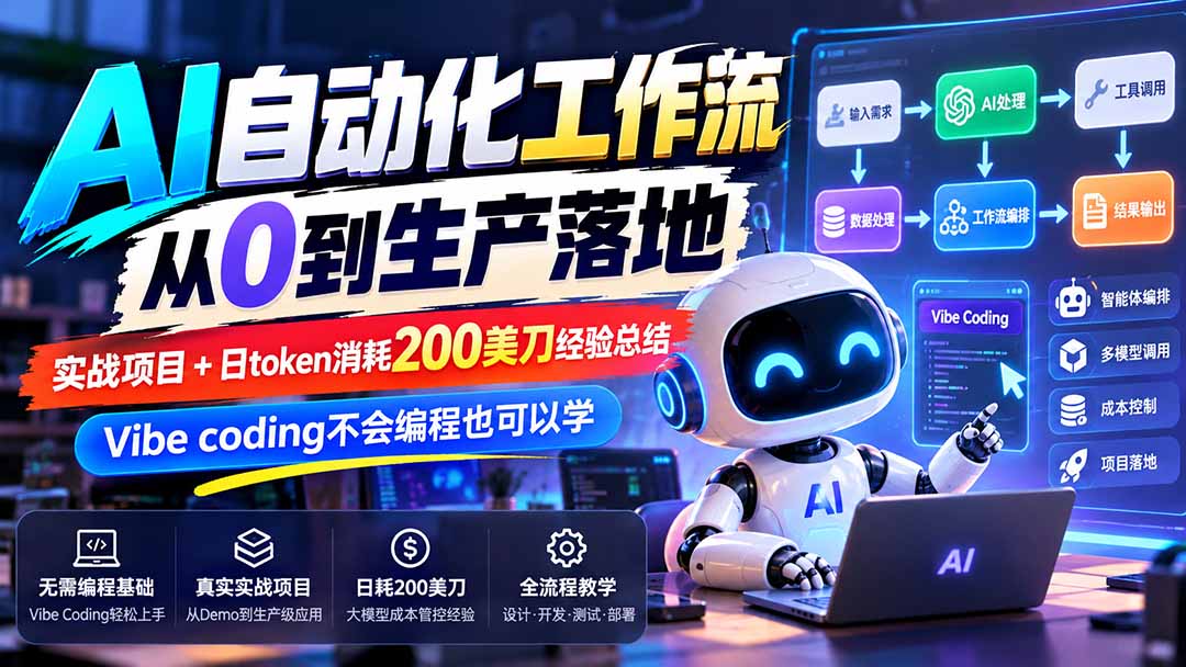 （20954期）【无水印】AI自动化工作流从0到生产落地，实战项目+日token消耗200美刀经验总结，Vibe coding不会编程也可以学-九节课