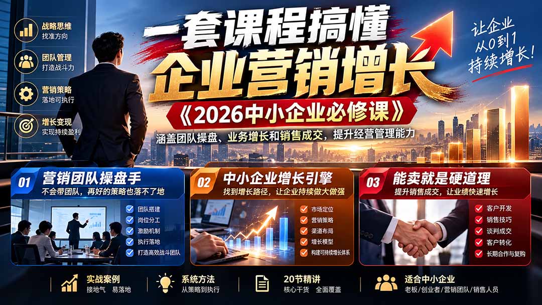 （21269期）一套课程搞懂企业营销增长《2026中小企业必修课》涵盖团队操盘、业务增长和销售成交，提升经营管理能力-九节课