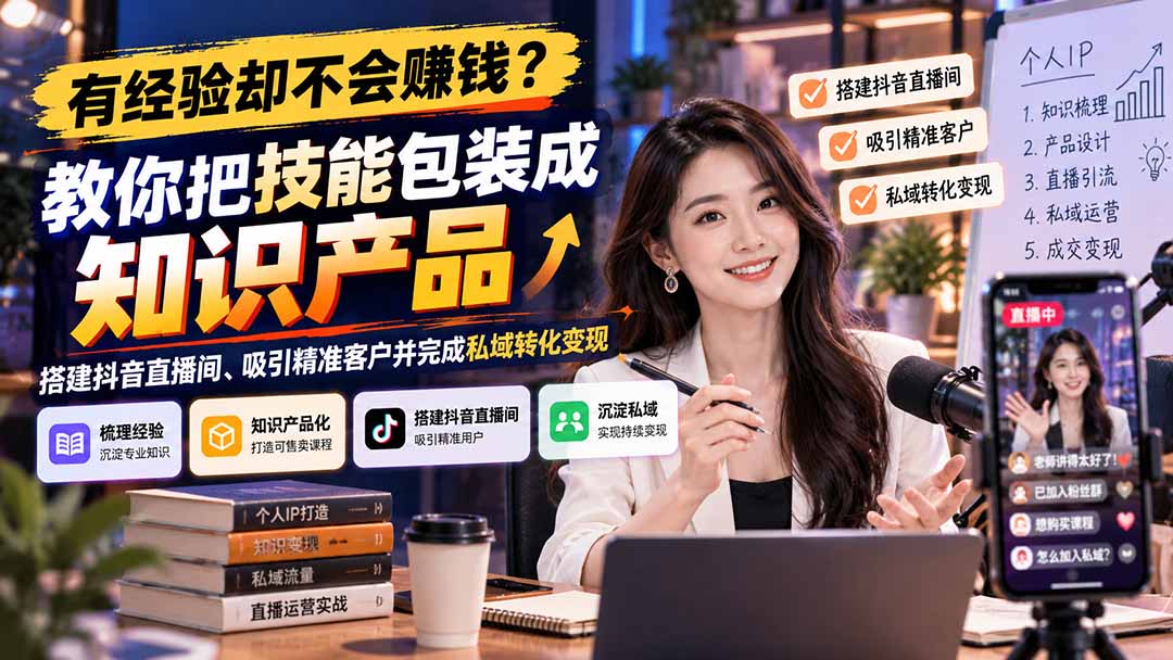 （21268期）有经验却不会赚钱？教你把技能包装成知识产品，搭建抖音直播间、吸引精准客户并完成私域转化变现-九节课