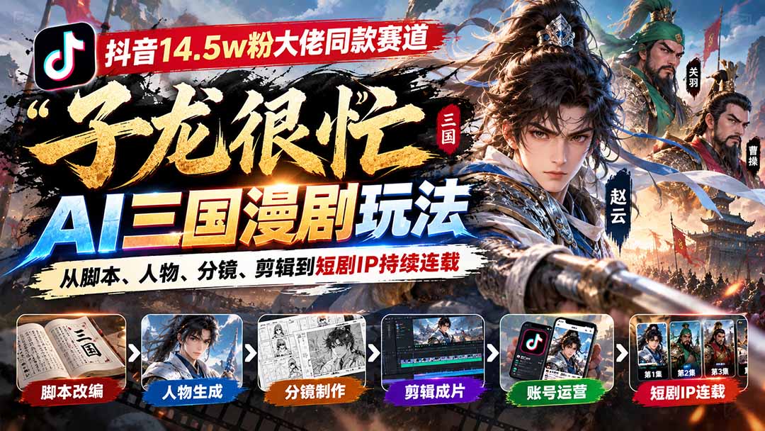 （20818期）抖音14.5w粉大佬同款赛道「子龙很忙」AI三国漫剧玩法：从脚本、人物、分镜、剪辑到短剧IP持续连载-九节课