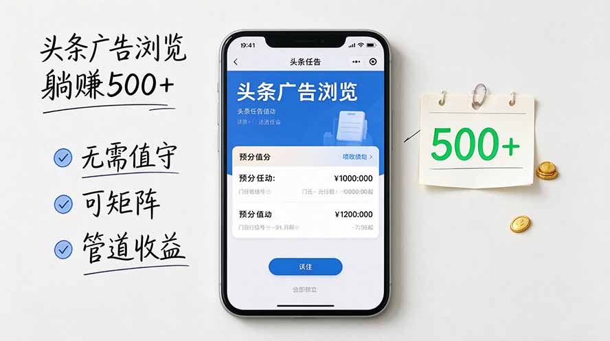 （20835期）头条广告浏览躺赚500+无需值守，可矩阵并附有管道收益-九节课