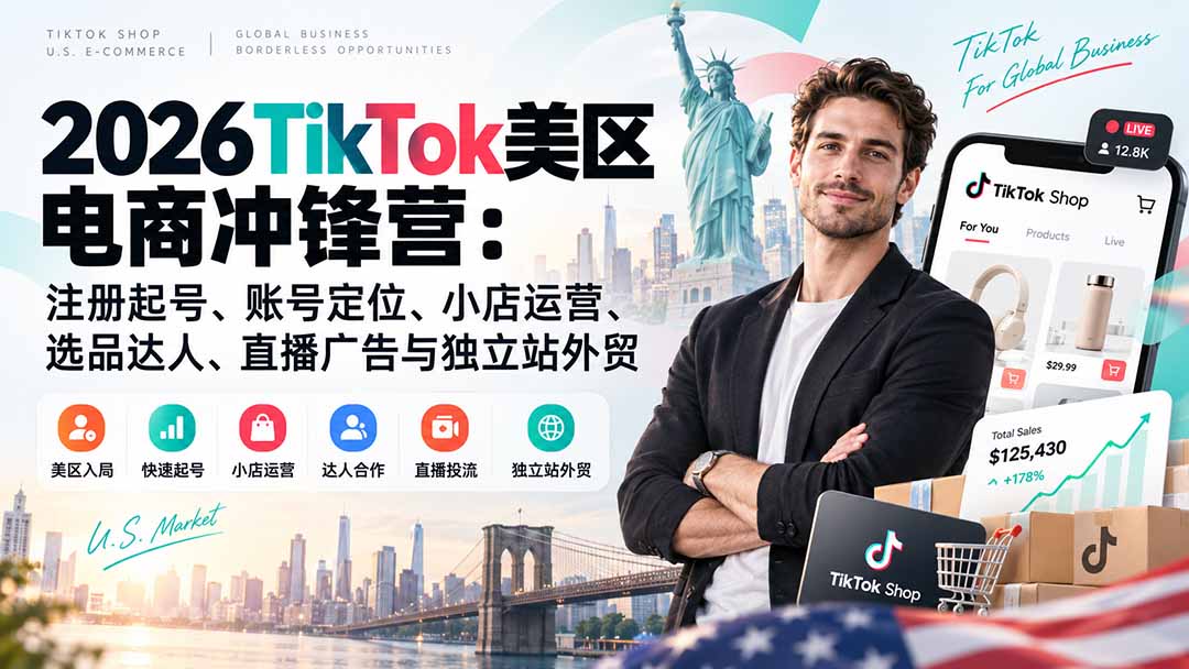 （20858期）2026TikTok美区电商冲锋营：注册起号、账号定位、小店运营、选品达人、直播广告与独立站外贸-九节课