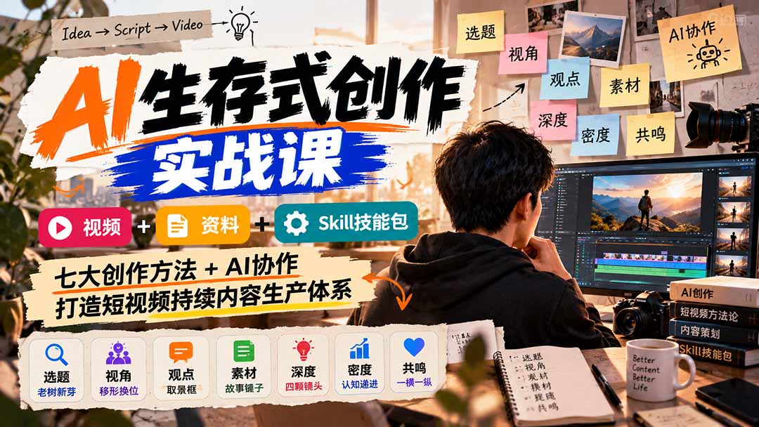 （21081期）AI生存式创作实战课：视频+资料+Skill技能包，七大创作方法+AI协作，打造短视频持续内容生产体系-九节课