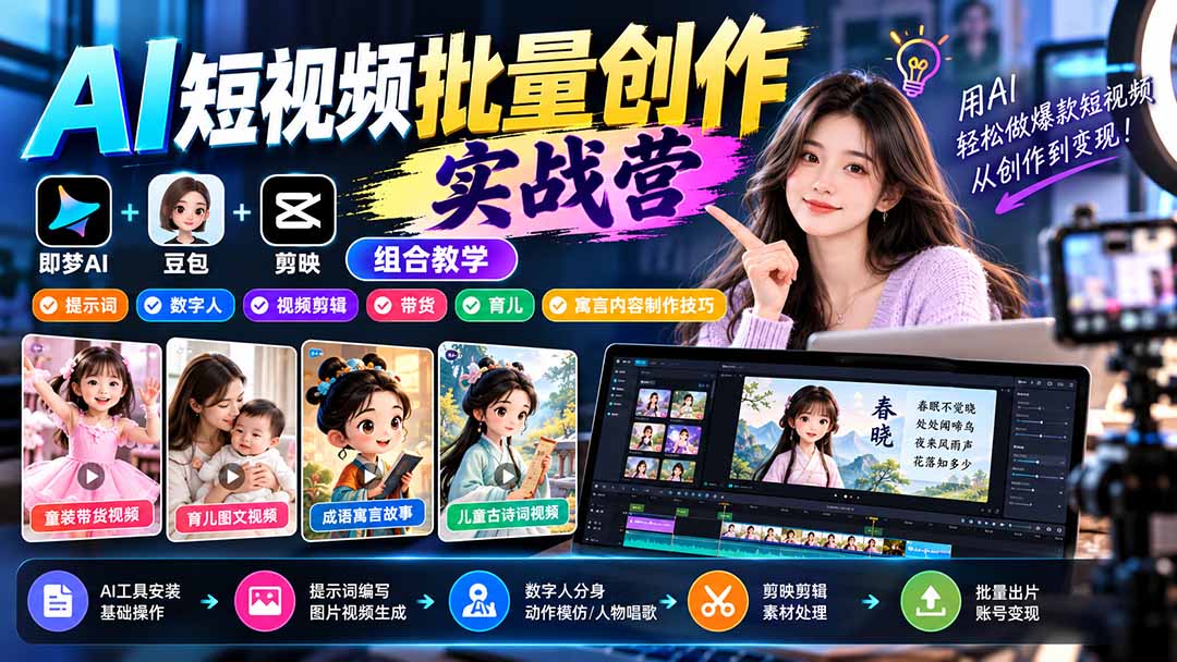 （21039期）【无水印】AI短视频批量创作实战营：即梦+豆包+剪映组合教学，提示词/数字人/视频剪辑/带货/育儿/寓言内容制作技巧-九节课