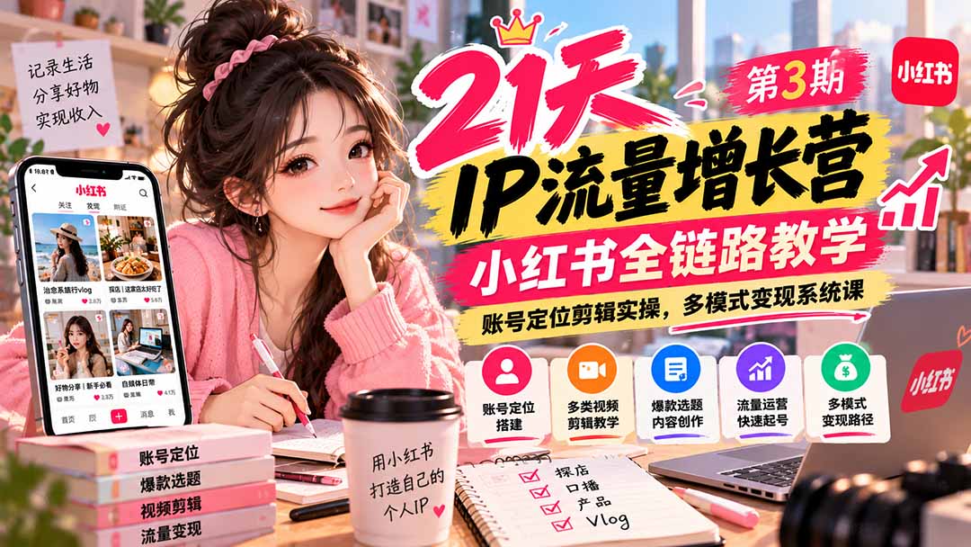 （20992期）【无水印】21天IP流量增长营-第3期，小红书全链路教学，账号定位剪辑实操，多模式变现系统课-九节课