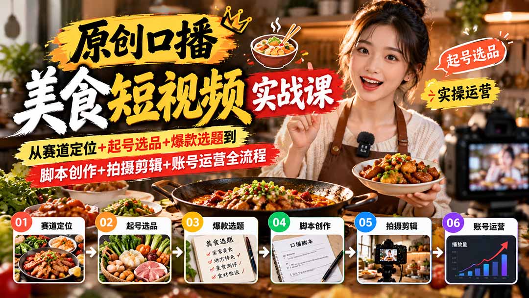 （20786期）原创口播美食短视频实战课：从赛道定位+起号选品+爆款选题到脚本创作+拍摄剪辑+账号运营全流程-九节课