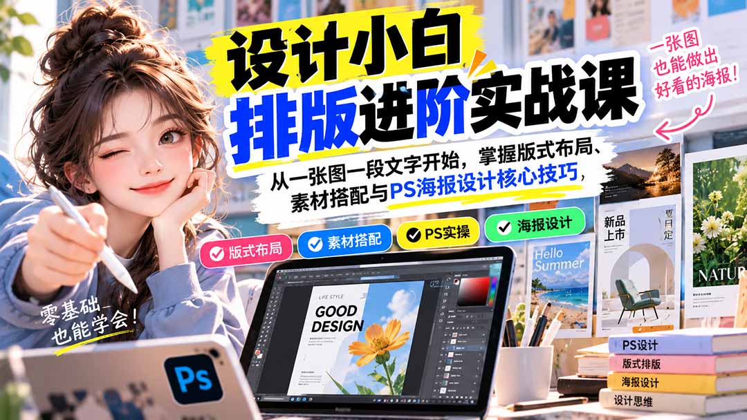 （20838期）设计小白排版进阶实战课：从一张图一段文字开始，掌握版式布局、素材搭配与PS海报设计核心技巧-九节课