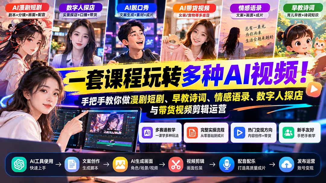 （21271期）【无水印】一套课程玩转多种AI视频！手把手教你做漫剧短剧、早教诗词、情感语录、数字人探店与带货视频剪辑运营-九节课