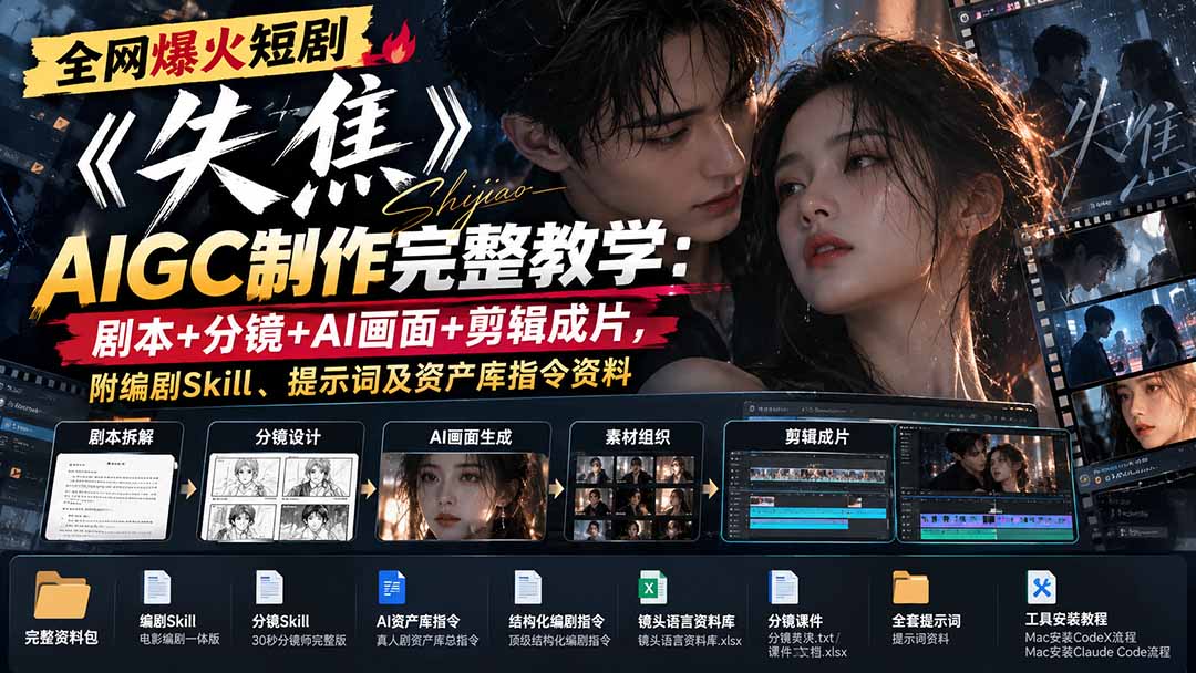 （20805期）全网爆火短剧《失焦》AIGC制作完整教学：剧本+分镜+AI画面+剪辑成片，附编剧Skill、提示词及资产库指令资料-九节课