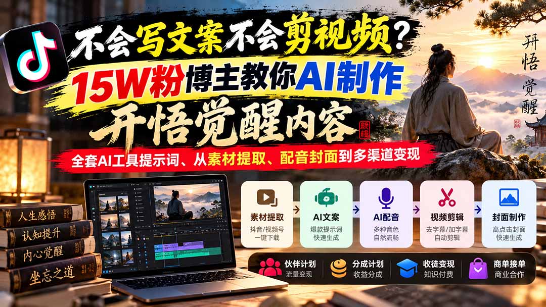 （21085期）不会写文案不会剪视频？15W粉博主教你AI制作开悟觉醒内容，全套AI工具提示词、从素材提取、配音封面到多渠道变现-九节课