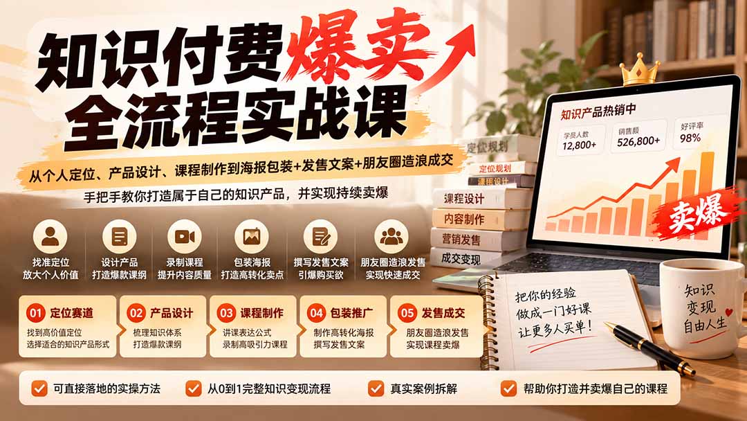 （20787期）【无水印】知识付费爆卖全流程实战课：从个人定位、产品设计、课程制作到海报包装+发售文案+朋友圈造浪成交-九节课