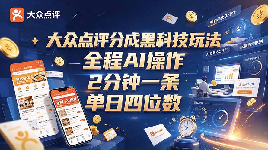（21013期）大众点评分成全网独家玩法，AI 全自动出内容，2 分钟一条，小白可冲单日四位数-九节课