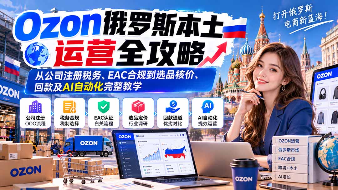 （20851期）Ozon俄罗斯本土运营全攻略：从公司注册税务、EAC合规到选品核价、回款及AI自动化完整教学-九节课