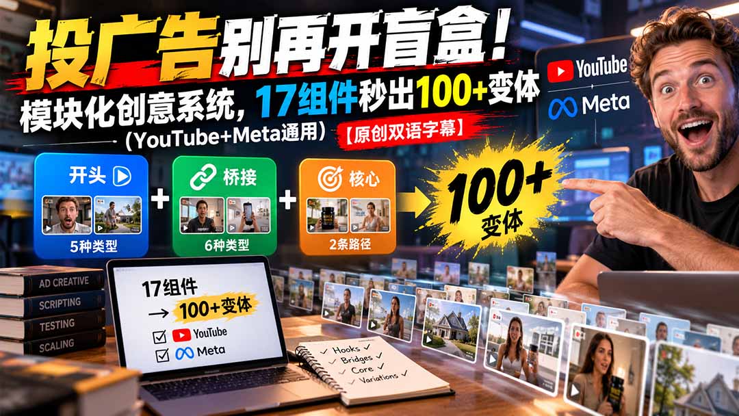 （20840期）投广告别再开盲盒！模块化创意系统，17组件秒出100+变体（YouTube+Meta通用）【原创双语字幕】-九节课