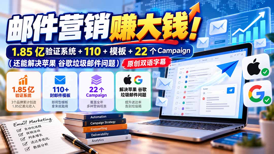 （20984期）邮件营销赚大钱！1.85亿验证系统+110+模板+22个Campaign（还能解决苹果 谷歌垃圾邮件问题）【原创双语字幕】-九节课