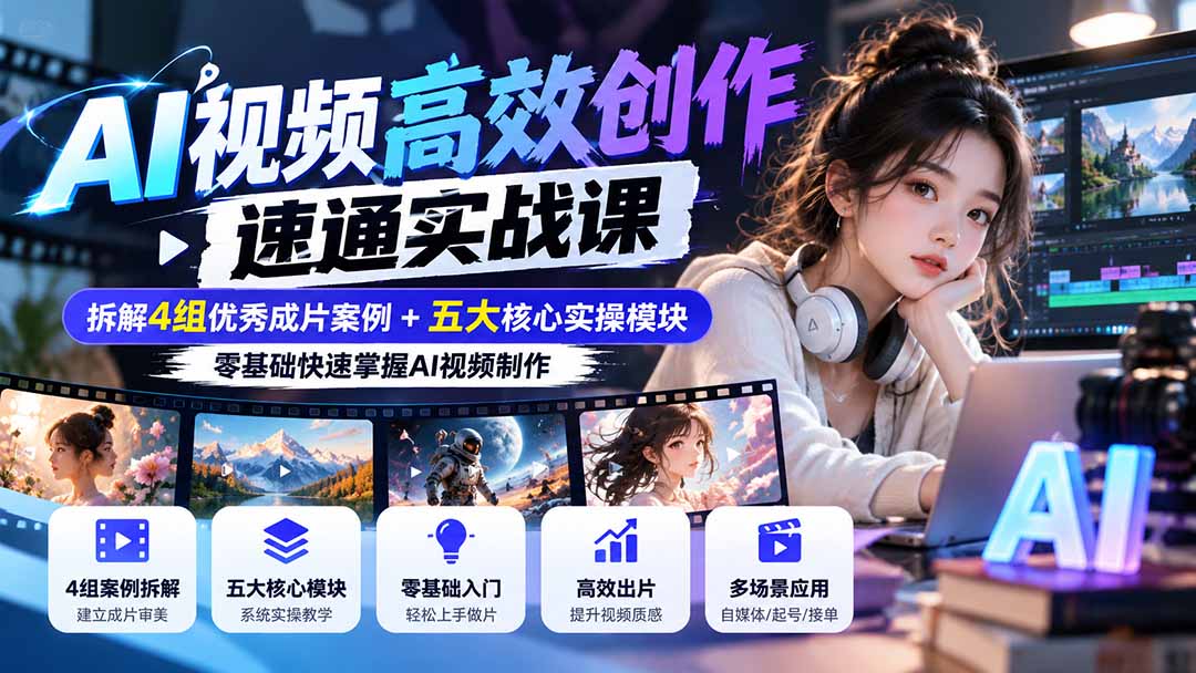 （20819期）【无水印】AI视频高效创作速通实战课：拆解4组优秀成片案例+五大核心实操模块，零基础快速掌握AI视频制作-九节课