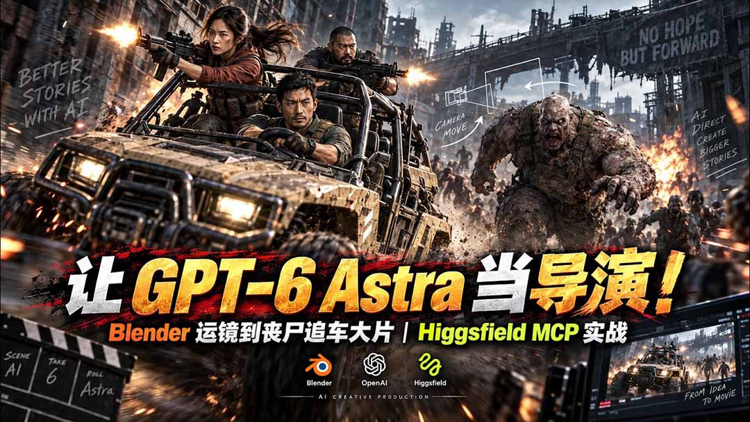 （20762期）【无水印】让 GPT-6 Astra 当导演！Blender 运镜到丧尸追车大片｜Higgsfield MCP 实战-九节课