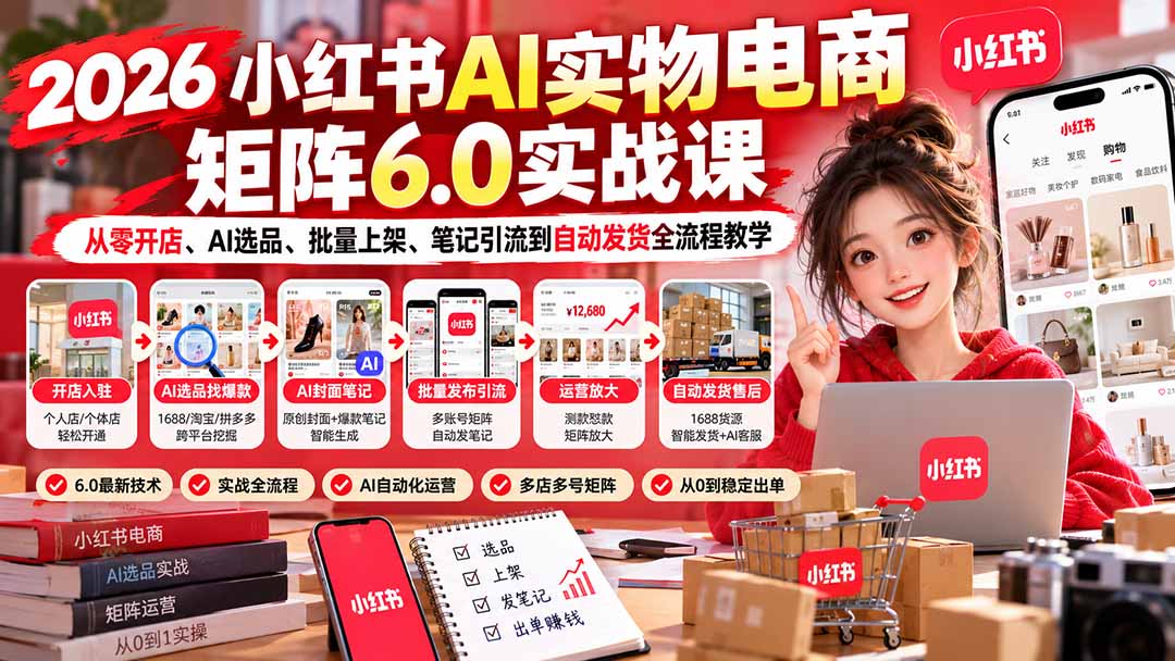 （21274期）2026小红书AI实物电商矩阵6.0实战课：从零开店、AI选品、批量上架、笔记引流到自动发货全流程教学-九节课
