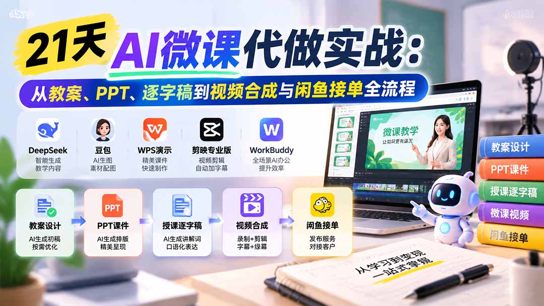 （21065期）21天AI微课代做实战：从教案、PPT、逐字稿到视频合成与闲鱼接单全流程-九节课