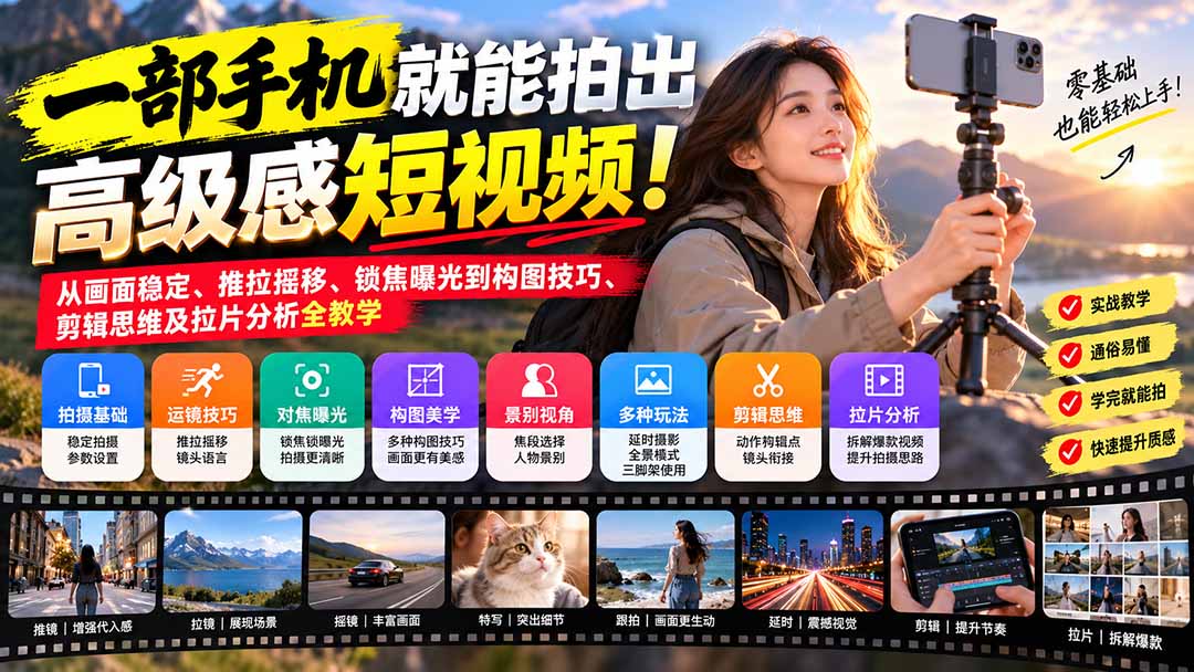 （21272期）一部手机就能拍出高级感短视频！从画面稳定、推拉摇移、锁焦曝光到构图技巧、剪辑思维及拉片分析全教学-九节课